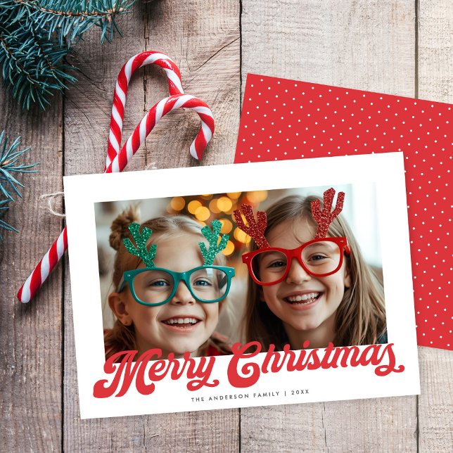 Cartes Pour Fêtes Annuelles Retro Red Script Merry Christmas One Photo (Créateur téléchargé)