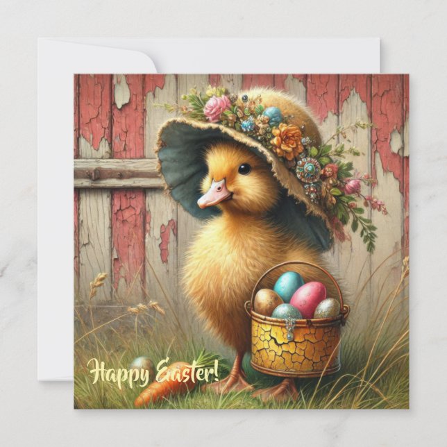Cartes Pour Fêtes Annuelles Rétro rustique Canard de Pâques avec élevage d'oeu (Devant)