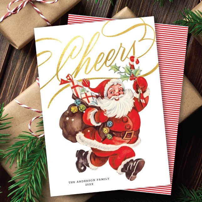 Cartes Pour Fêtes Annuelles Retro Santa Gold Script Cheers Non-Photo Christmas (Créateur téléchargé)