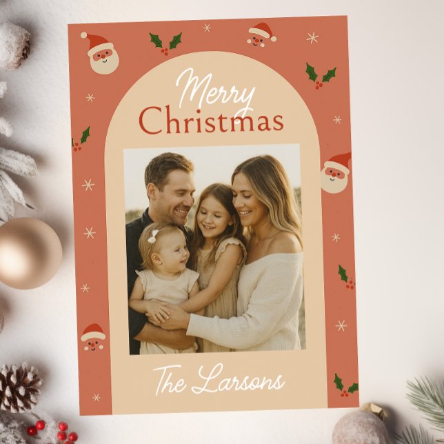 Cartes Pour Fêtes Annuelles Retro Santa & Holly Arch Christmas Card (Créateur téléchargé)