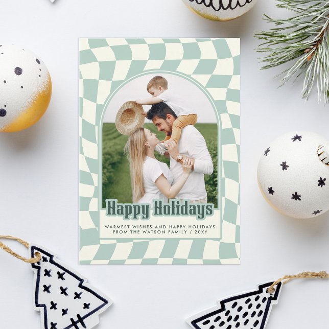 Cartes Pour Fêtes Annuelles Retro Super À damiers Happy Holidays Photo (Retro Groovy Checkered Happy Holidays Photo Holiday Card)