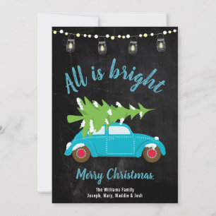 Cartes Pour Fêtes Annuelles Retro Turquoise Car Tree & Lights Tout est lumineu