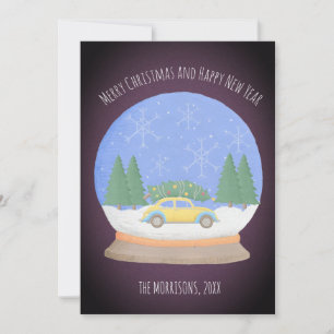 Cartes Pour Fêtes Annuelles Retro Vintage Car sapin de Noël dans le Snow Globe