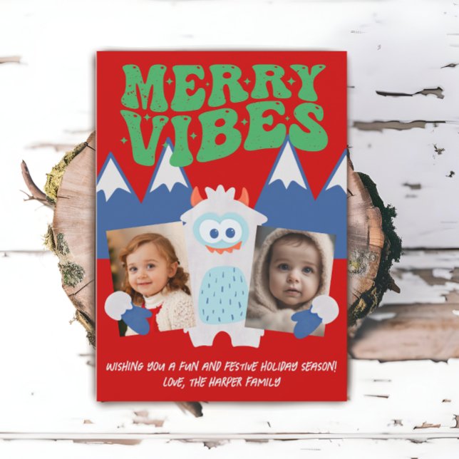 Cartes Pour Fêtes Annuelles Retro Yeti Whimsical Deux Enfants Photo Noël (Créateur téléchargé)