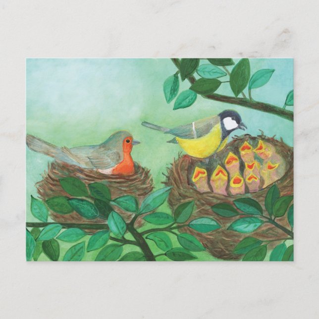 Cartes Pour Fêtes Annuelles Robin rouge et nidification d'oiseaux de grand Tit (Devant)