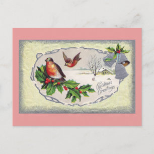 Cartes Pour Fêtes Annuelles Robins anglais et cloches d'argent Noël vintage