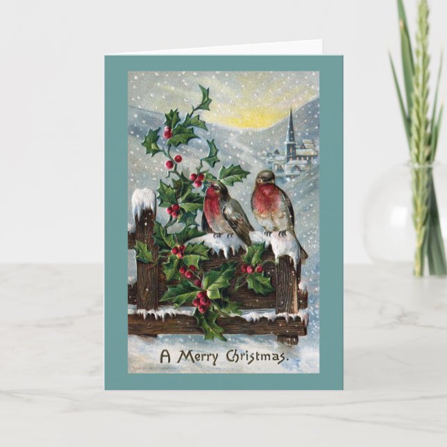 Cartes Pour Fêtes Annuelles Robins anglais sur une clôture Antique Noël (Devant)