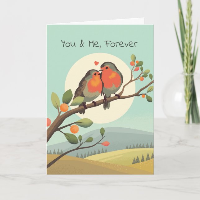 Cartes Pour Fêtes Annuelles Robins romantiques sur une branche d'arbre Jour de (Devant)