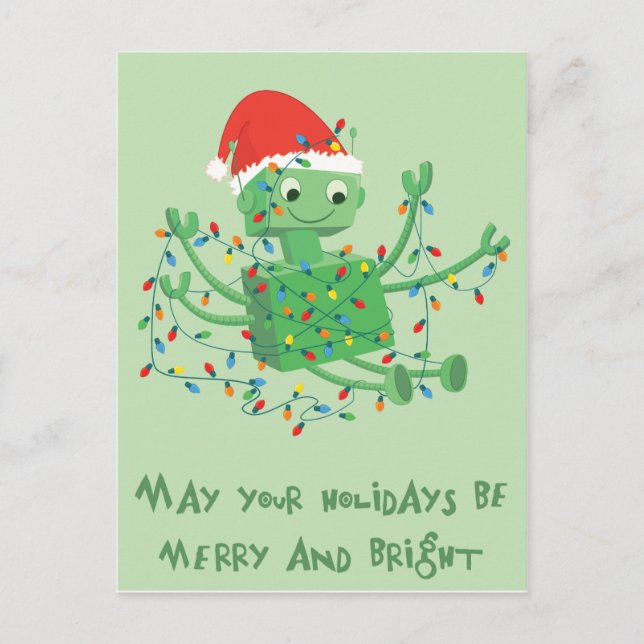 Cartes Pour Fêtes Annuelles Robot de Noël embrouillé dans les lumières (Devant)