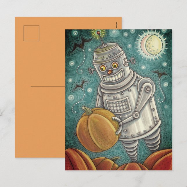 CARTES POUR FÊTES ANNUELLES ROBOT PICER CITROUILLES, HALLOWEEN HOMME MÉCANIQUE (Devant / Derrière)
