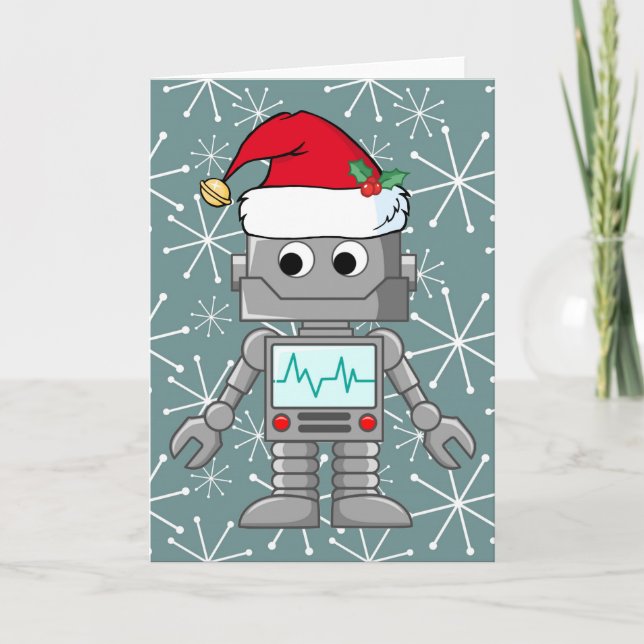 Cartes Pour Fêtes Annuelles Robot utilisant le casquette de Père Noël (Devant)