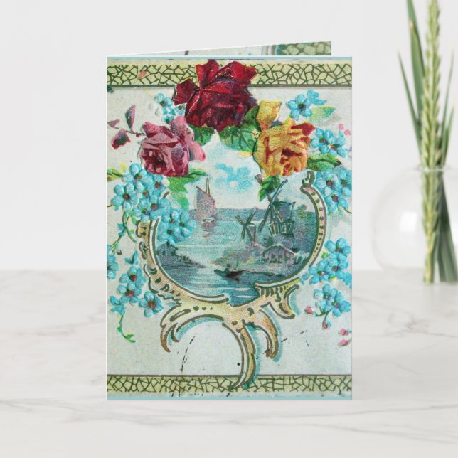 CARTES POUR FÊTES ANNUELLES ROMANTIQUE, ROSES FLORAUX ROSE BLEUE AVEC FEU (Devant)