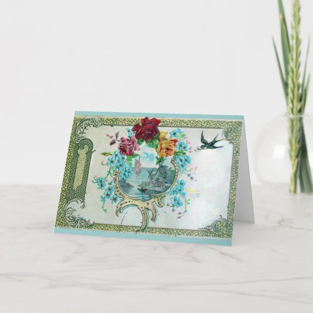 CARTES POUR FÊTES ANNUELLES ROMANTIQUE, ROSES FLORAUX ROSE BLEUE AVEC FEU (Devant)
