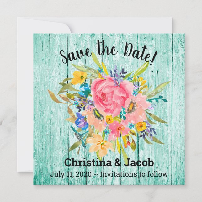 Cartes Pour Fêtes Annuelles Rose d'aquarelle Floral Bouquet Aqua Enregistrer l (Devant)