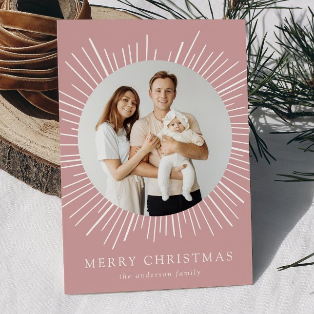 Cartes Pour Fêtes Annuelles Rose Dusty moderne Sunburst Joyeux Noël 2 Photo (Créateur téléchargé)