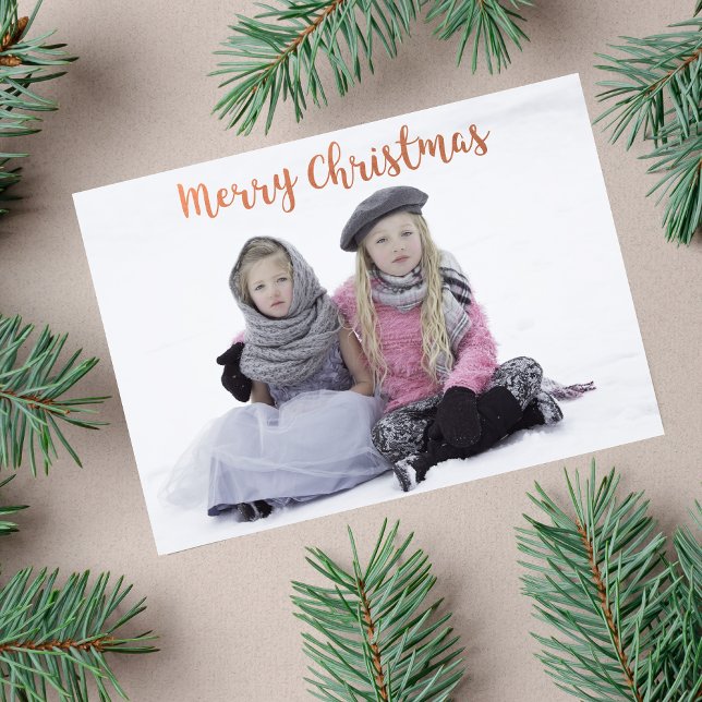 Cartes Pour Fêtes Annuelles Rose Gold Brush Script Christmas Holiday Photo (Créateur téléchargé)