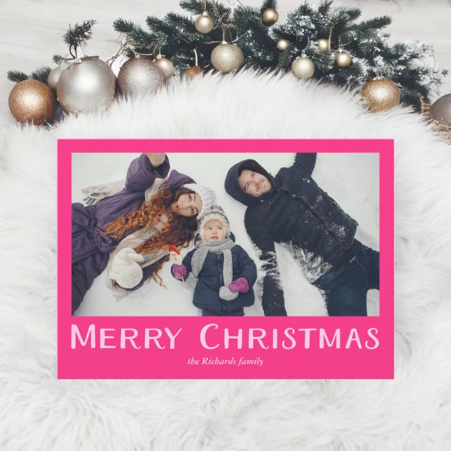Cartes Pour Fêtes Annuelles Rosé rose gras traditionnel Joyeux Noël photo (Bold pink traditional Merry Christmas photo Holiday Card)