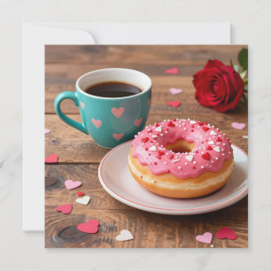 Cartes Pour Fêtes Annuelles Rose rouge, beignet et café Saint-Valentin