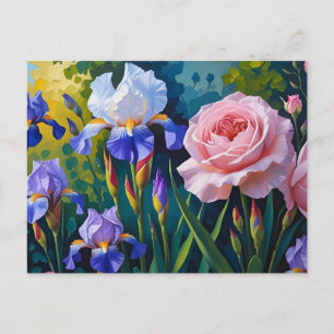 Cartes Pour Fêtes Annuelles Roses en fleurs et fleurs d'iris pourle
