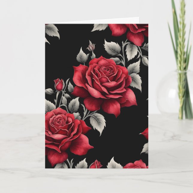 Cartes Pour Fêtes Annuelles Roses rouges Feuillage d'argent sur Goth Noir Vale (Devant)