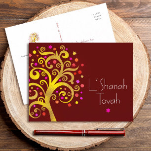 Cartes Pour Fêtes Annuelles Rosh Hashanah Bourgogne Arbre de Vie Feuille d'Or 
