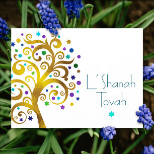 Cartes Pour Fêtes Annuelles Rosh Hashanah Or Moderne Arbre de Vie Feuille d'Or