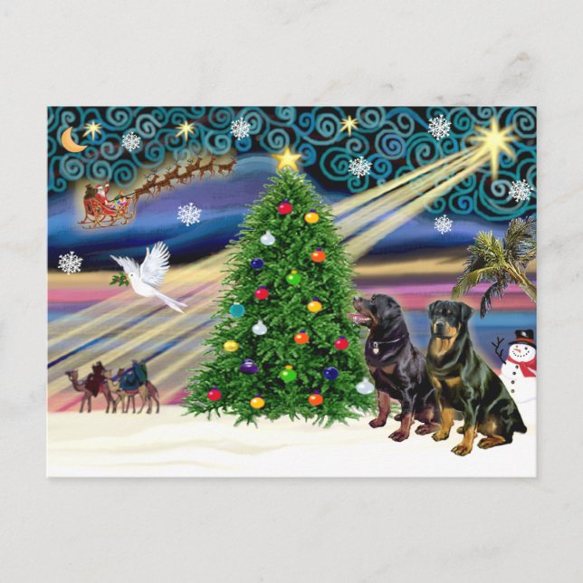 Cartes Pour Fêtes Annuelles Rottweilers magiques de Noël (deux) (Devant)