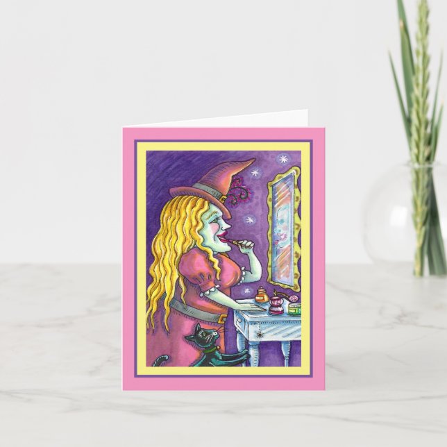 CARTES POUR FÊTES ANNUELLES ROUGE À LÈVRES DE SORCIÈRE, PARFUM & VERNIS À ONGL (Devant)