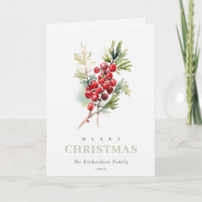Cartes Pour Fêtes Annuelles Rouge Berry Fir hiver Folio hiver Aquarelle (Devant)