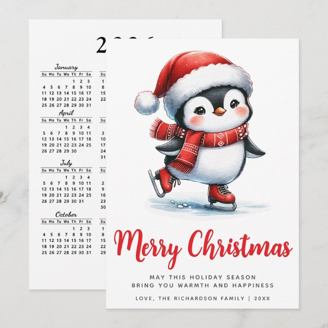 Cartes Pour Fêtes Annuelles Rouge blanc mignon patinage sur glace pingouin Joy (Devant / Derrière)