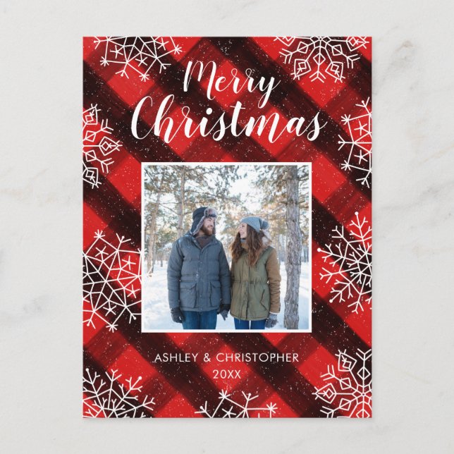 Cartes Pour Fêtes Annuelles Rouge Buffalo Plaid Tartan Peint Photo de Noël (Devant)