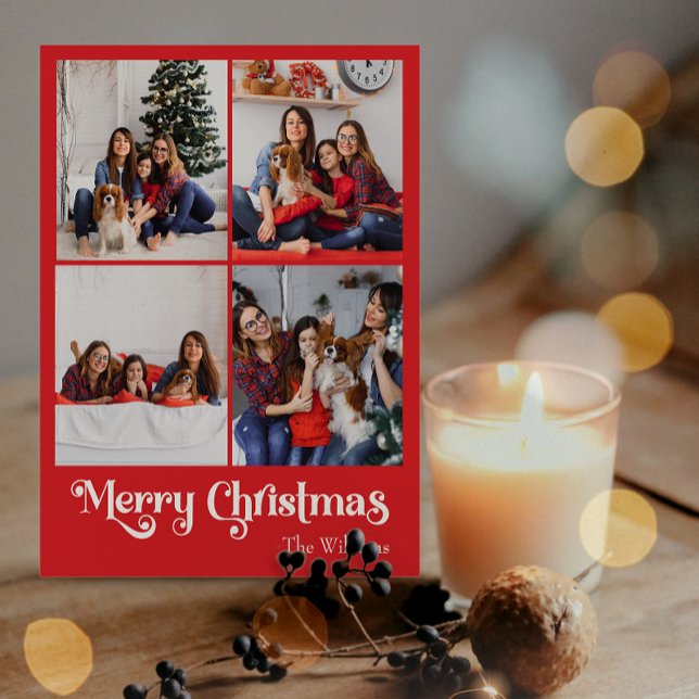 Cartes Pour Fêtes Annuelles Rouge classique Joyeux Noël Vertical Quatre Photo (Créateur téléchargé)