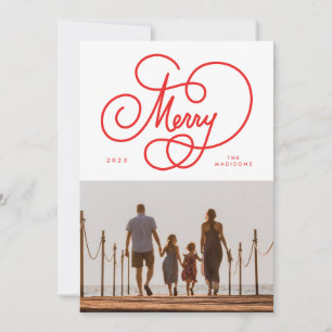 Cartes Pour Fêtes Annuelles Rouge Cursive Script Joyeux Flourdissant Photo Hol