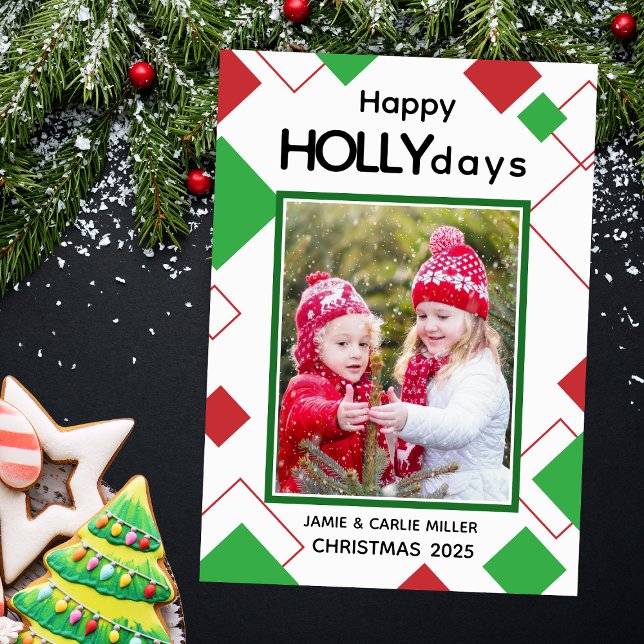 Cartes Pour Fêtes Annuelles Rouge et vert joyeux Hollydays Enfants Noël (modern red white and green happy holly days christmas card with geometric shapes for kids family)
