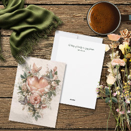 Cartes Pour Fêtes Annuelles Rouge Floral Cœur Papillons et Botaniques Douces