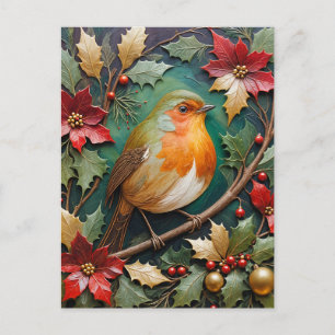 Cartes Pour Fêtes Annuelles Rouge-gorge parmi le houx et les poinsettias