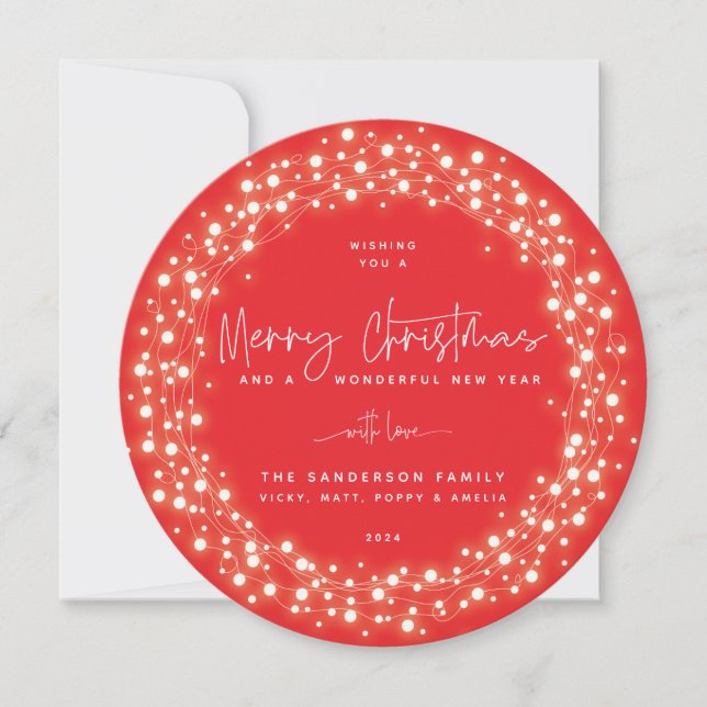 Cartes Pour Fêtes Annuelles Rouge Joyeux Noël Script Éclairage (Devant)