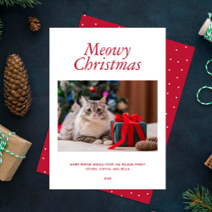 Cartes Pour Fêtes Annuelles Rouge "Meowy Noël" Photo Personnalisée
