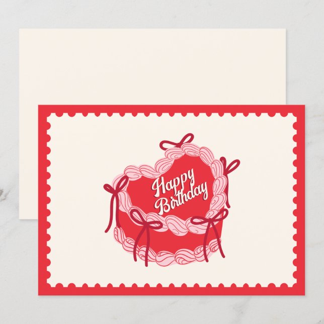 Cartes Pour Fêtes Annuelles Rouge mignon gâteau d'anniversaire arc coeur (Devant / Derrière)
