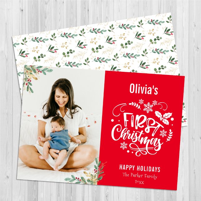 Cartes Pour Fêtes Annuelles Rouge moderne Élégant Script Baby Premier Noël (Créateur téléchargé)
