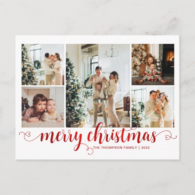 Cartes Pour Fêtes Annuelles Rouge moderne Joyeux Noël Coeur Script 5 Photo (Devant)