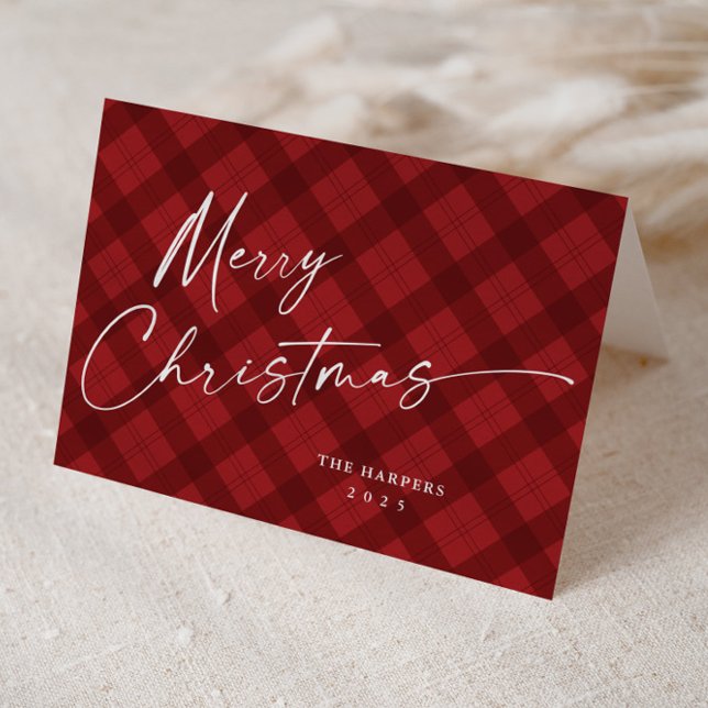 Cartes Pour Fêtes Annuelles Rouge moderne Pâté élégant Script Noël (Modern handwritten Merry Christmas Script Red Plaid Folded Holiday Cards.)