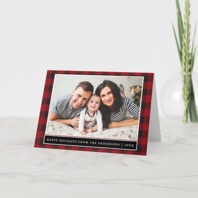 Cartes Pour Fêtes Annuelles Rouge Plaid Famille Photo Joyeux Vacances Plié (Devant)