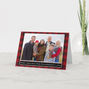 Cartes Pour Fêtes Annuelles Rouge Plaid Family Photo Joyeux Noël Plié