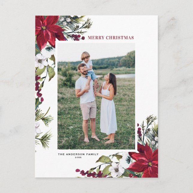 Cartes Pour Fêtes Annuelles Rouge Poinsettia Botanique Joyeux Noël Photo (Devant)