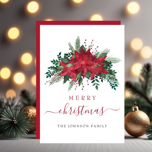 Cartes Pour Fêtes Annuelles Rouge Poinsettia Floral Joyeux Noël (Red Poinsettia Floral Merry Christmas Holiday Card)