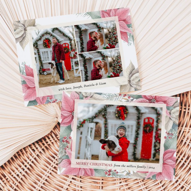 Cartes Pour Fêtes Annuelles Rouge Poinsettia Floral Photo Joyeux Noël (Créateur téléchargé)