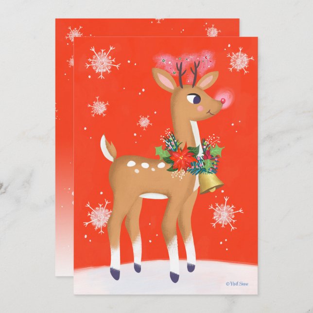 Cartes Pour Fêtes Annuelles Rouge rétro Rudolph Reindeer (Devant / Derrière)