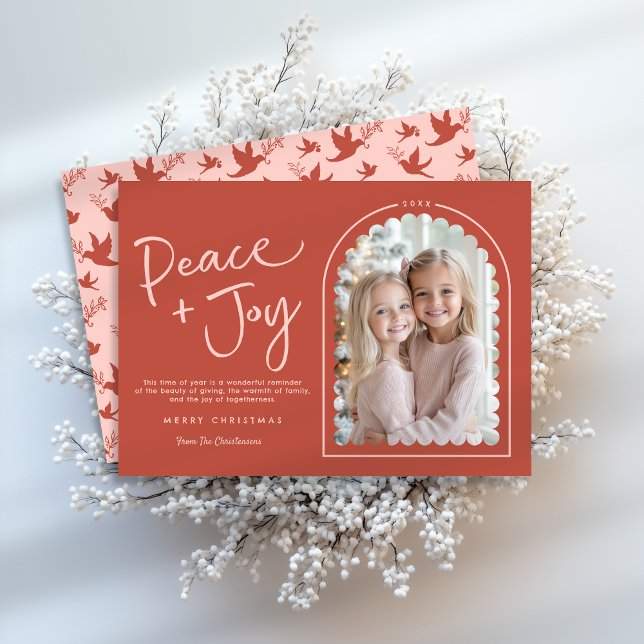 Cartes Pour Fêtes Annuelles Rouge rose Arc moderne Paix Joie Photo Noël (Shown on a 5" x 7" card (front and back))