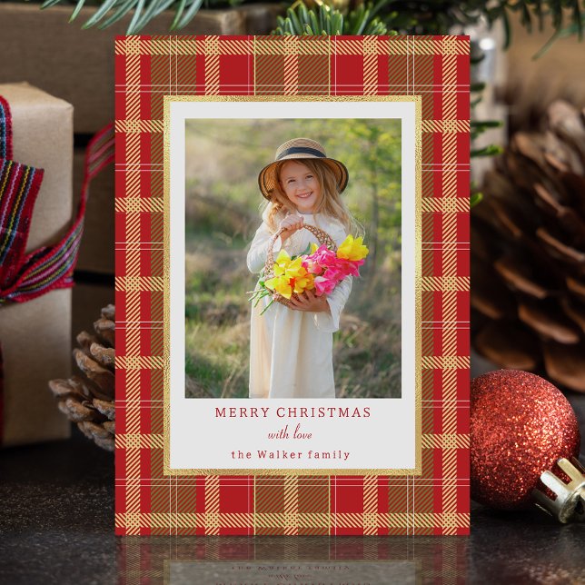 Cartes Pour Fêtes Annuelles Rouge rustique chaud & Gold Plaid Photo (Créateur téléchargé)